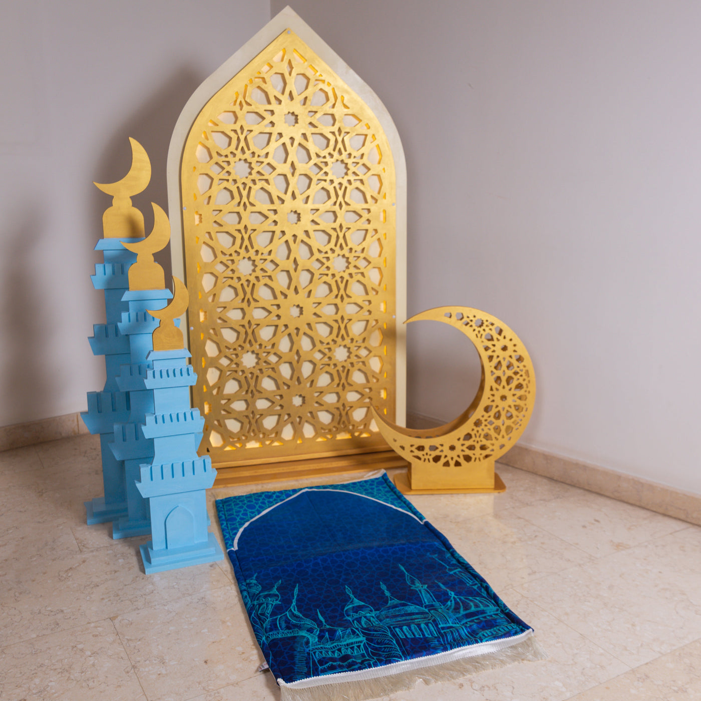 Wooden Ramadan Backdrop Arabseque Gold with led lights