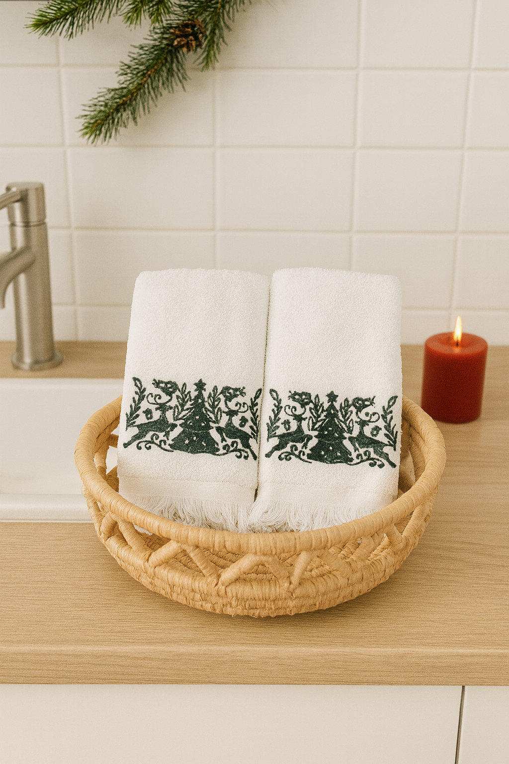 Two Hand Towels reindeer green