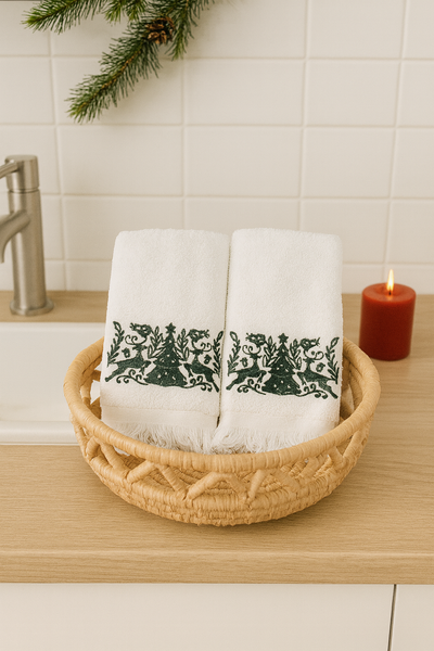 Two Hand Towels reindeer green
